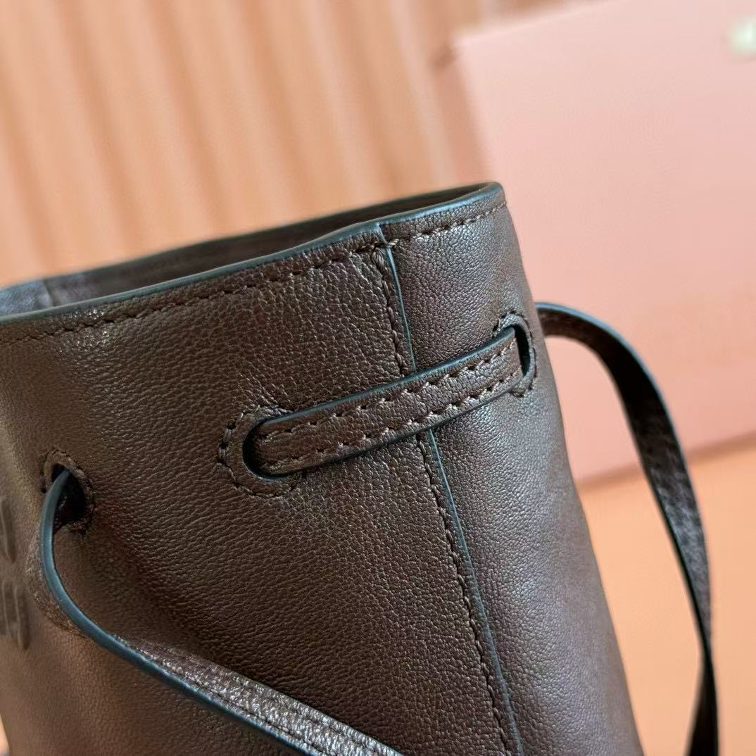 Miu Bucket Bag 14cm Coffee Grain Leather