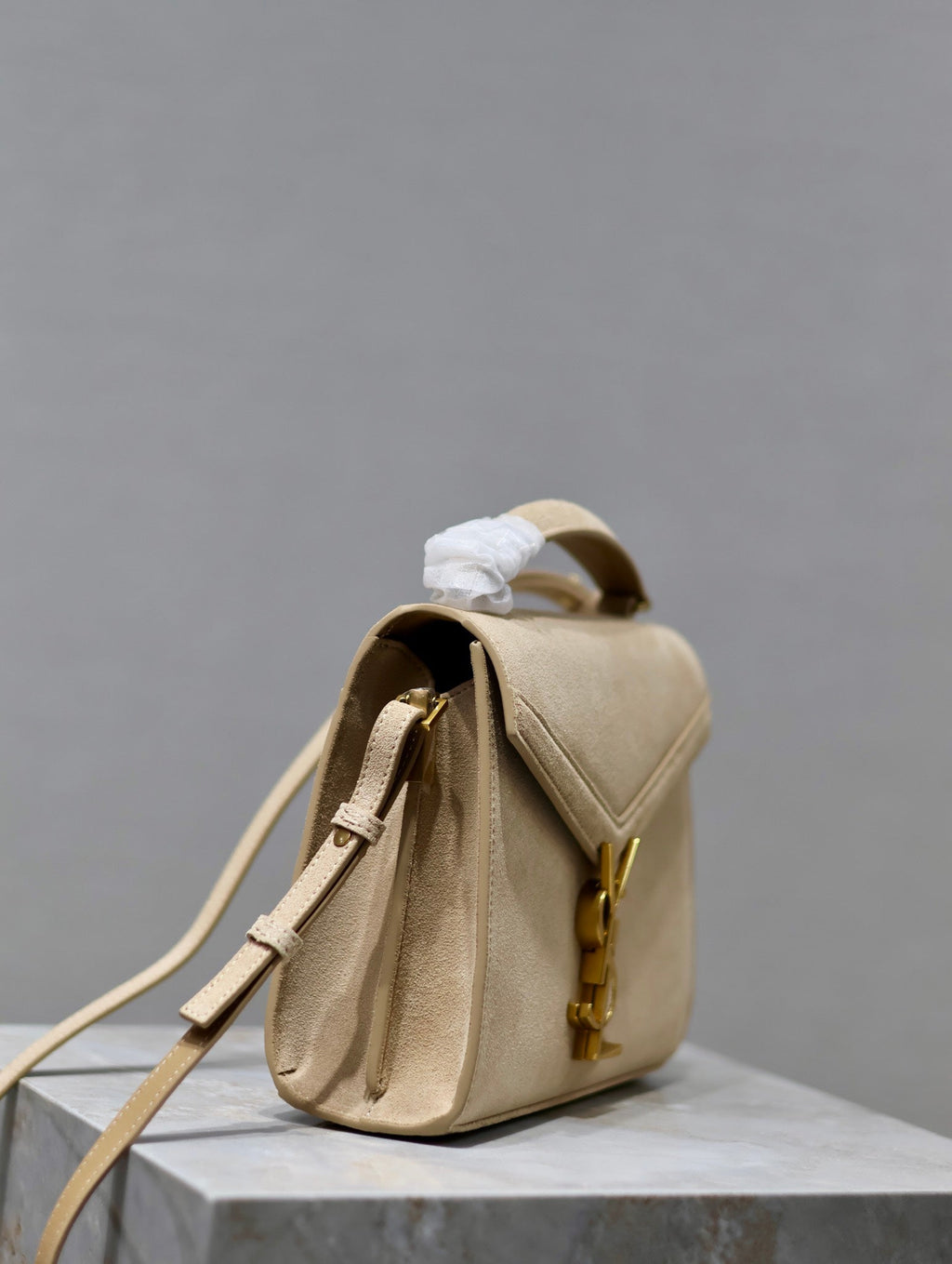 CASSANDRA MINI TOP HANDLE BAG 20 IN BEIGE SUEDE GOLD HARDWARE