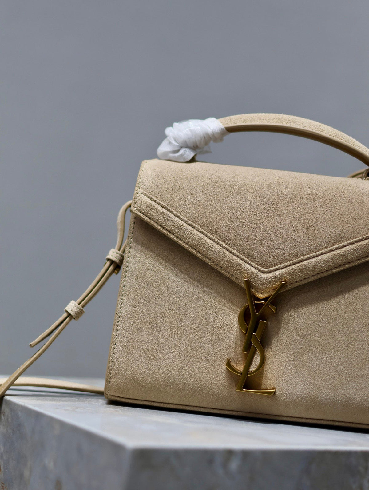 CASSANDRA MINI TOP HANDLE BAG 20 IN BEIGE SUEDE GOLD HARDWARE