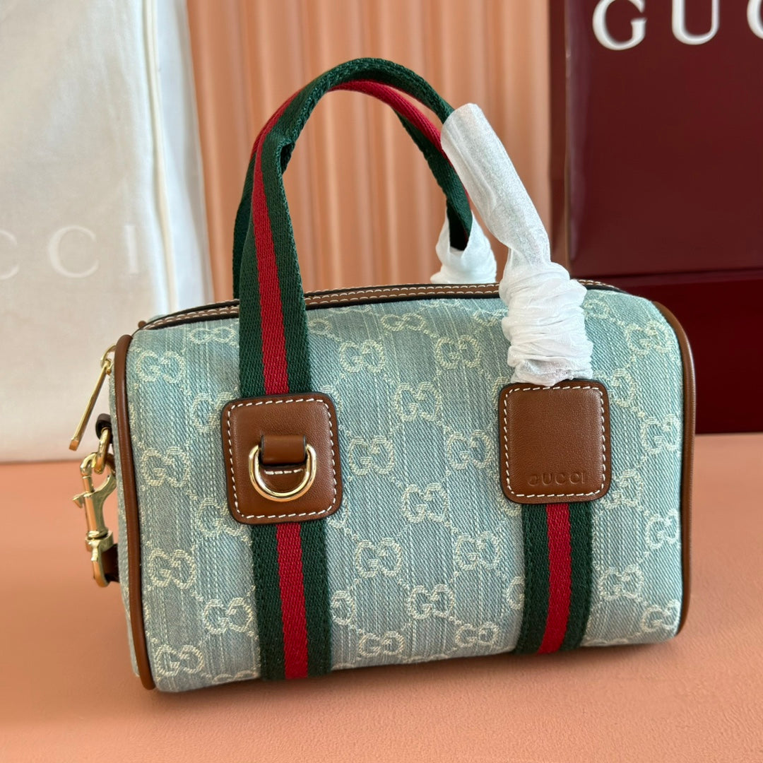 Gucci Boston Bag 20 Blue White Denim Fabric 271893