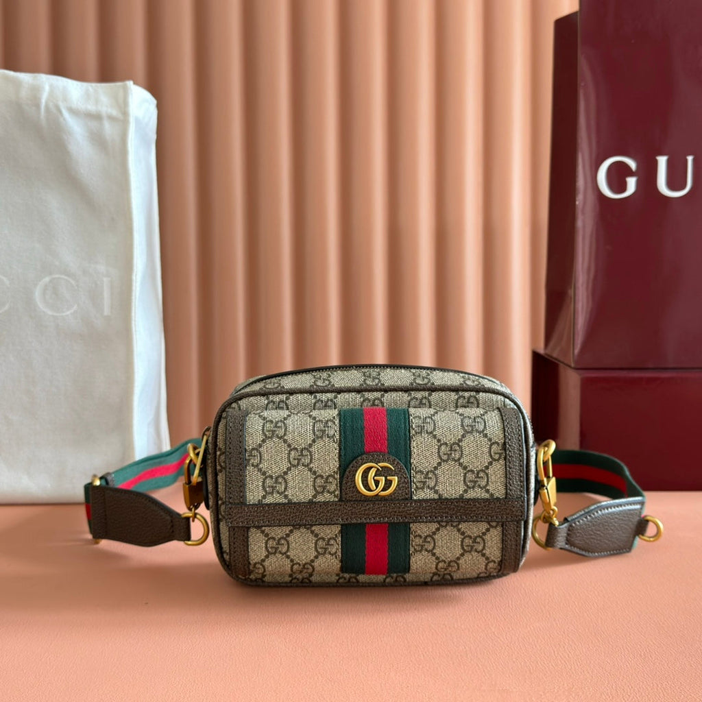 Gucci Ophidia Mini Handbag Beige Brown Canvas Leather 272065