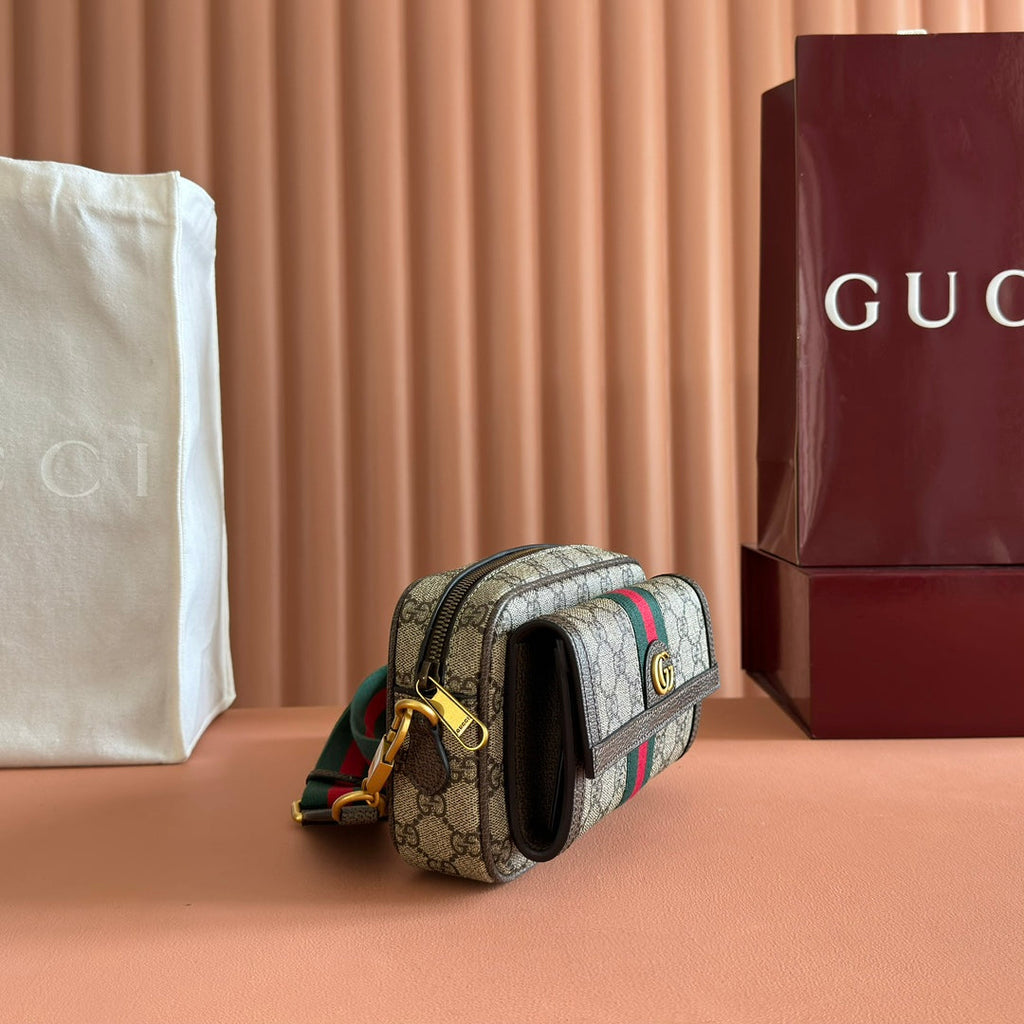 Gucci Ophidia Mini Handbag Beige Brown Canvas Leather 272065