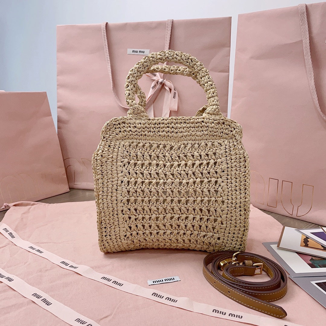 miu tote bag 22cm beige woven fabric