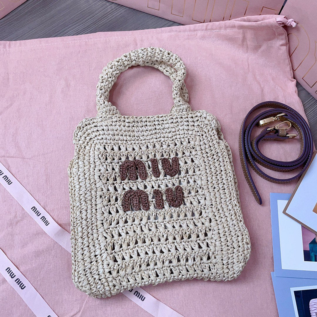 miu tote bag 22cm beige woven fabric