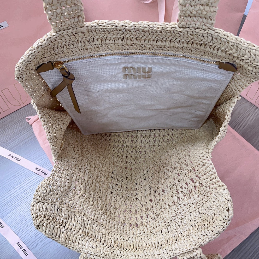miu tote bag 38cm beige woven fabric