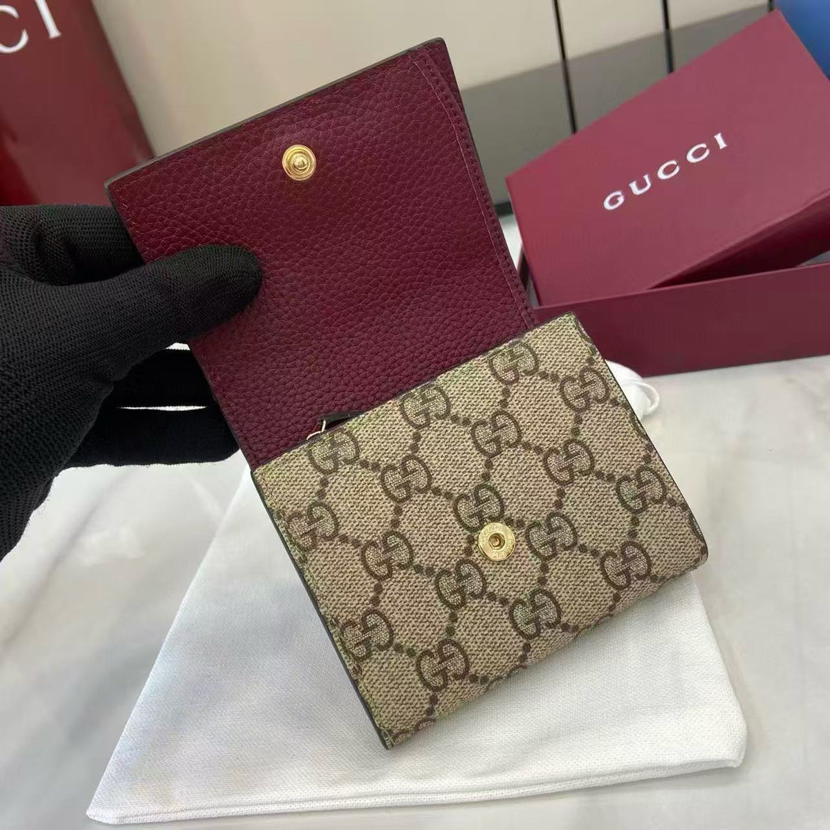 Gucci Marmont 12cm Wallet Ebony mix Rosso Ancora Red Canvas Leather