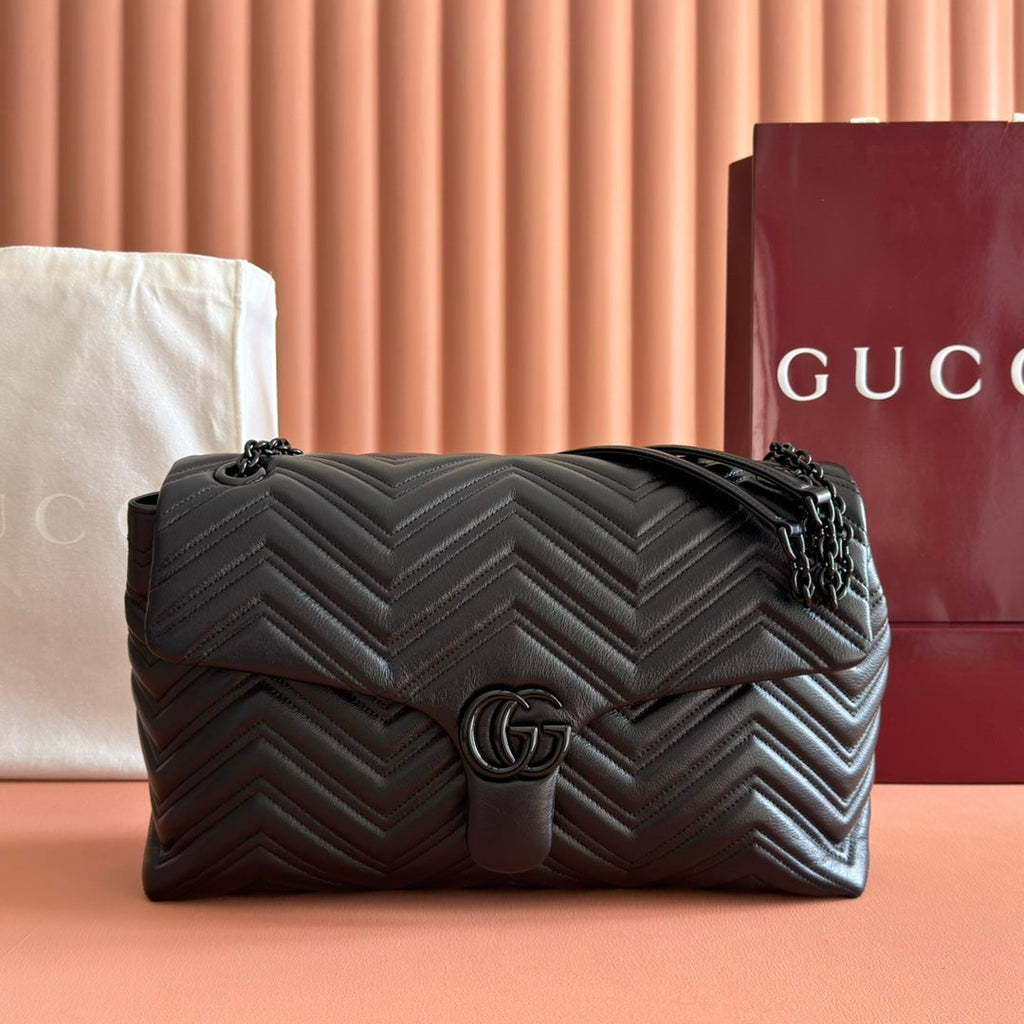 Gucci GG Marmont Large Shoulder Bag Black Matelassé Chevron Leather 273193