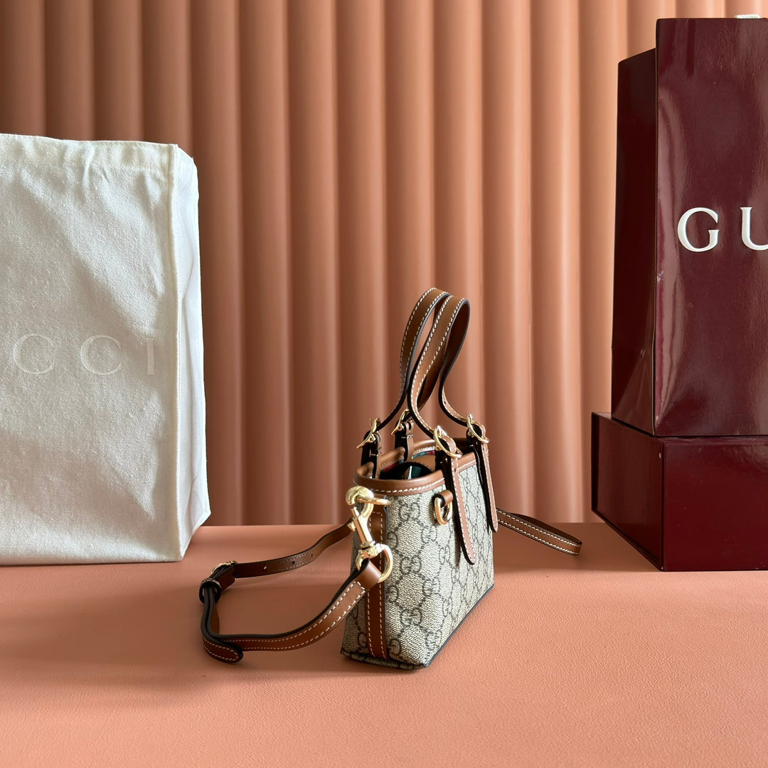 GG Emblem Mini Bag 17.5 Beige & Brown Fabric
