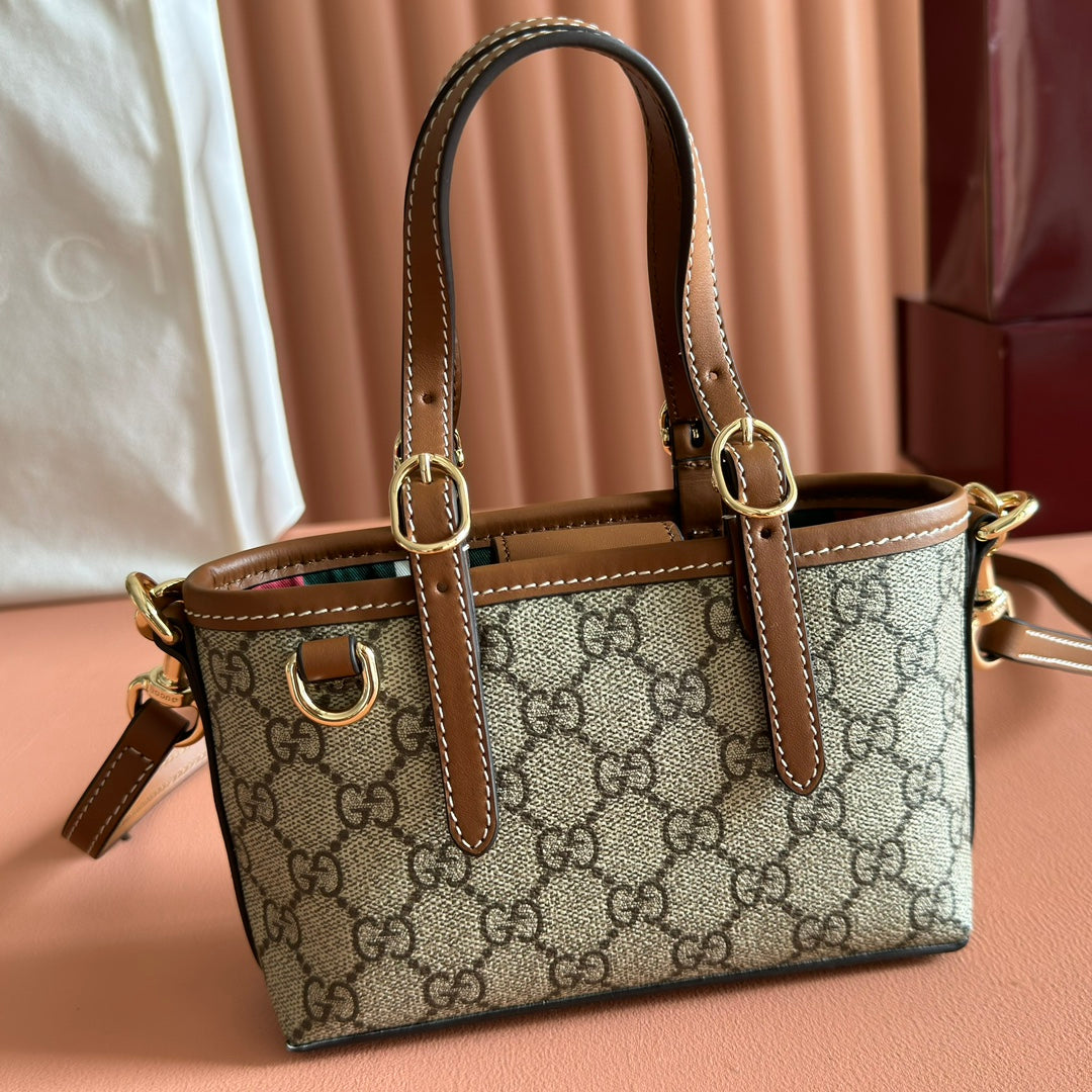 GG Emblem Mini Bag 17.5 Beige & Brown Fabric