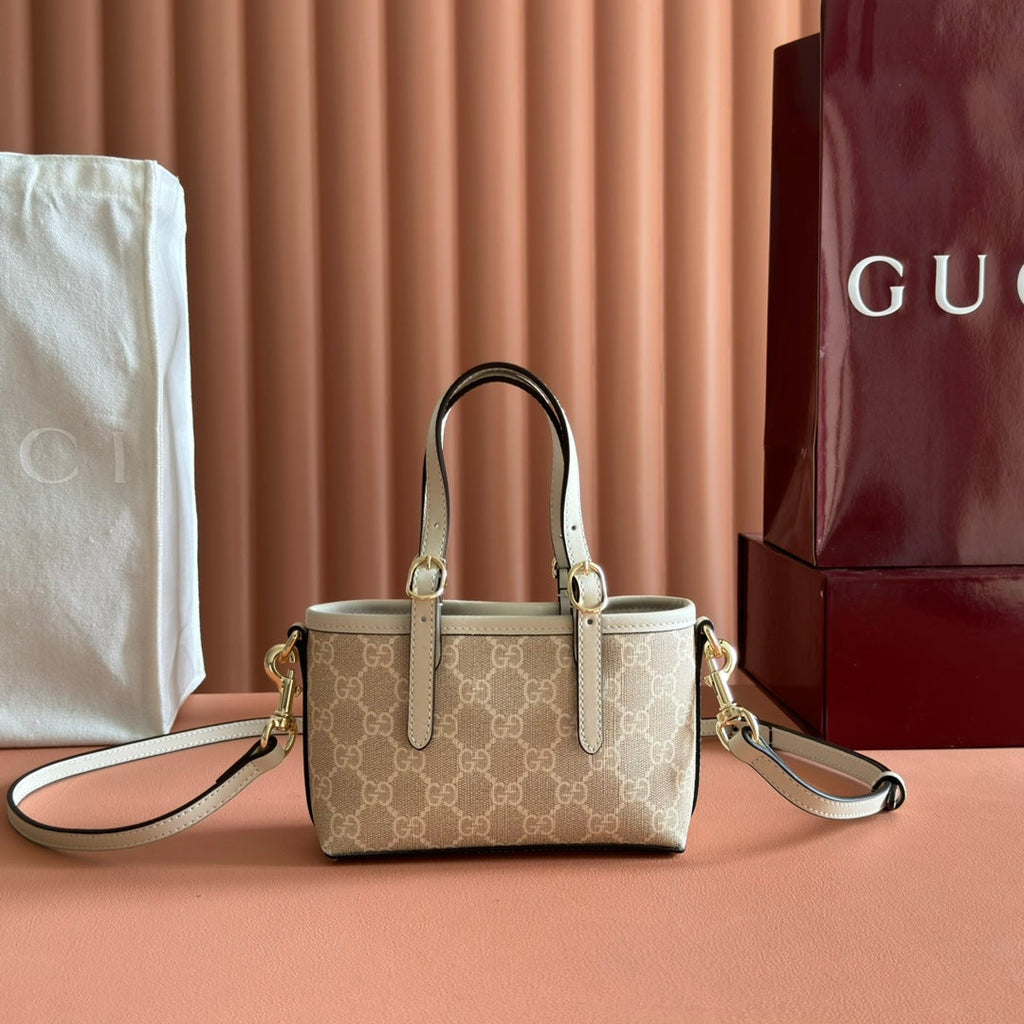 GG Emblem Mini Bag 17.5 Beige & White Fabric
