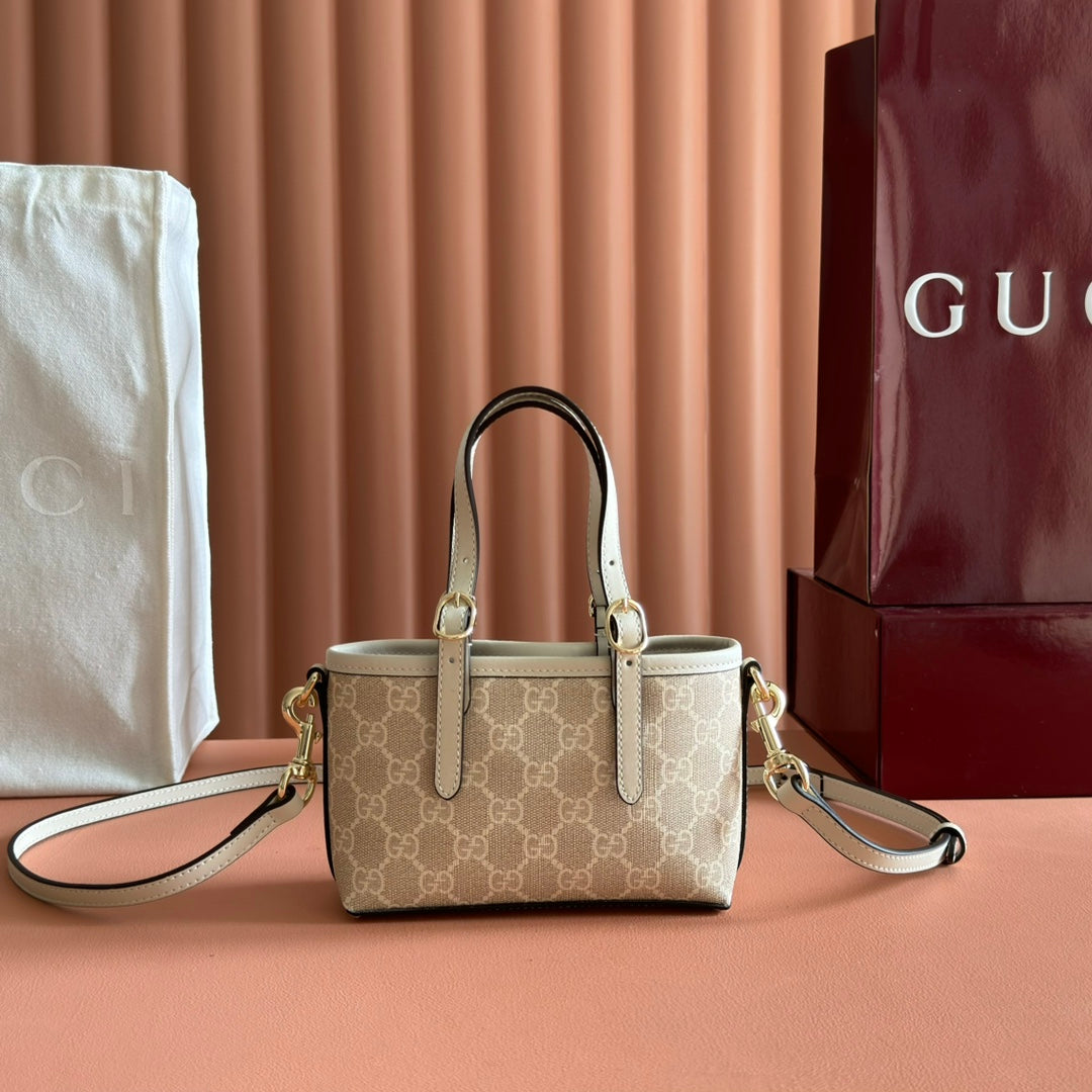 GG Emblem Mini Bag 17.5 Beige & White Fabric