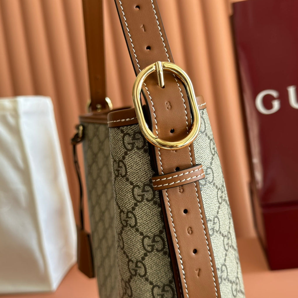 GG Emblem Medium Shoulder Bag 30.5 Beige & Dark Brown Fabric