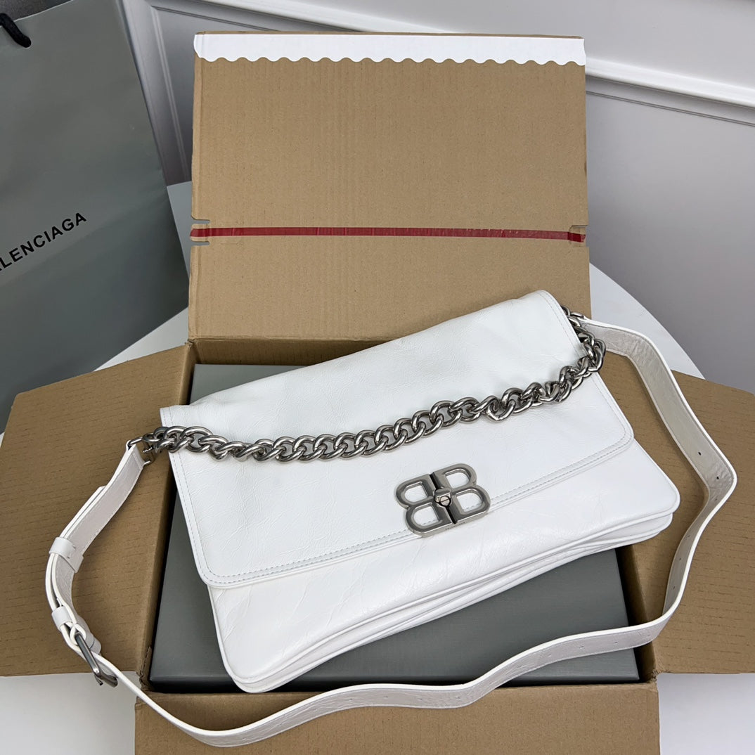 BB SOFT FLAP BAG 36 IN WHITE PEACH CALFSKIN SILVER HARDWARE