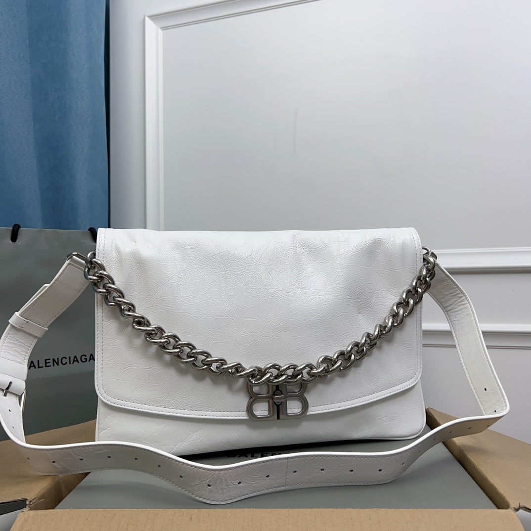 BB SOFT FLAP BAG 36 IN WHITE PEACH CALFSKIN SILVER HARDWARE