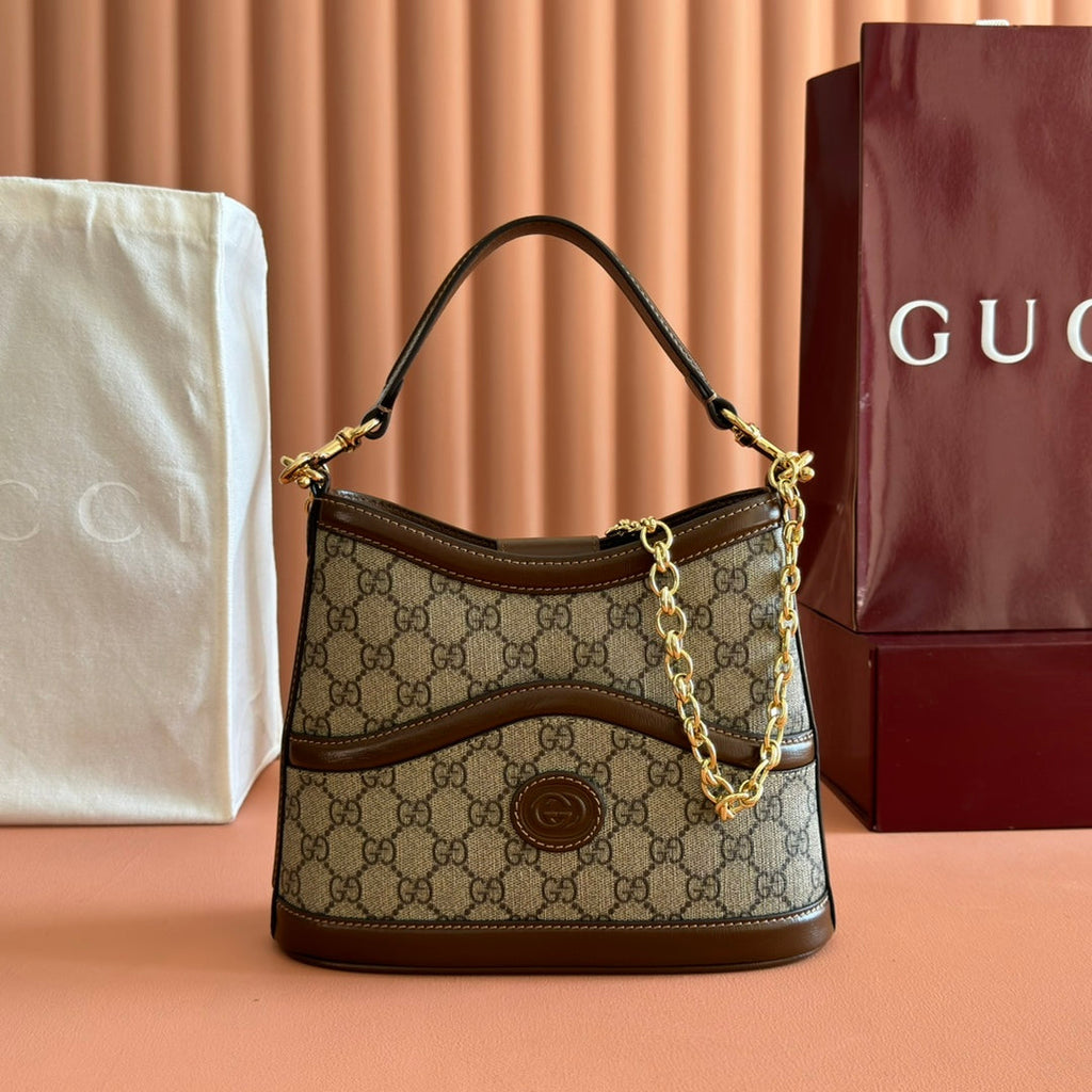 Gucci Large Interlocking G Shoulder Bag 25cm Chocolate Beige GG Supreme Canvas Leather 273677