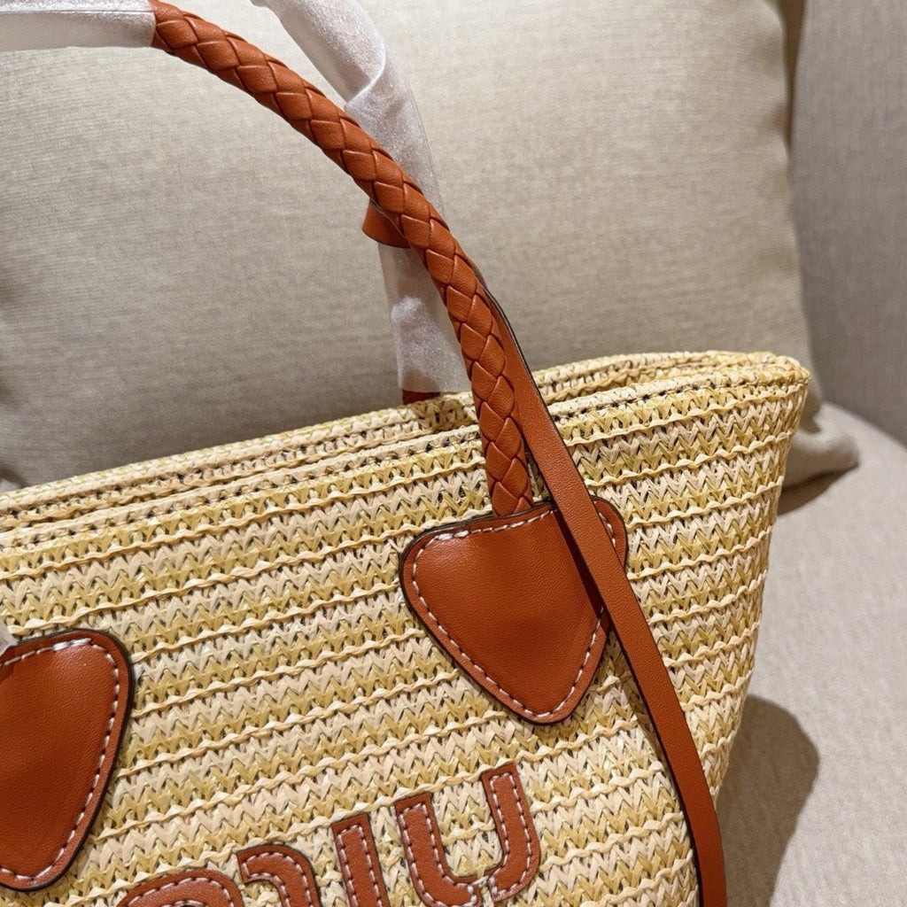 PALMETTO TOTE BAG 18 IN BEIGE WOVEN RAFFIA BROWN CALFSKIN TRIM