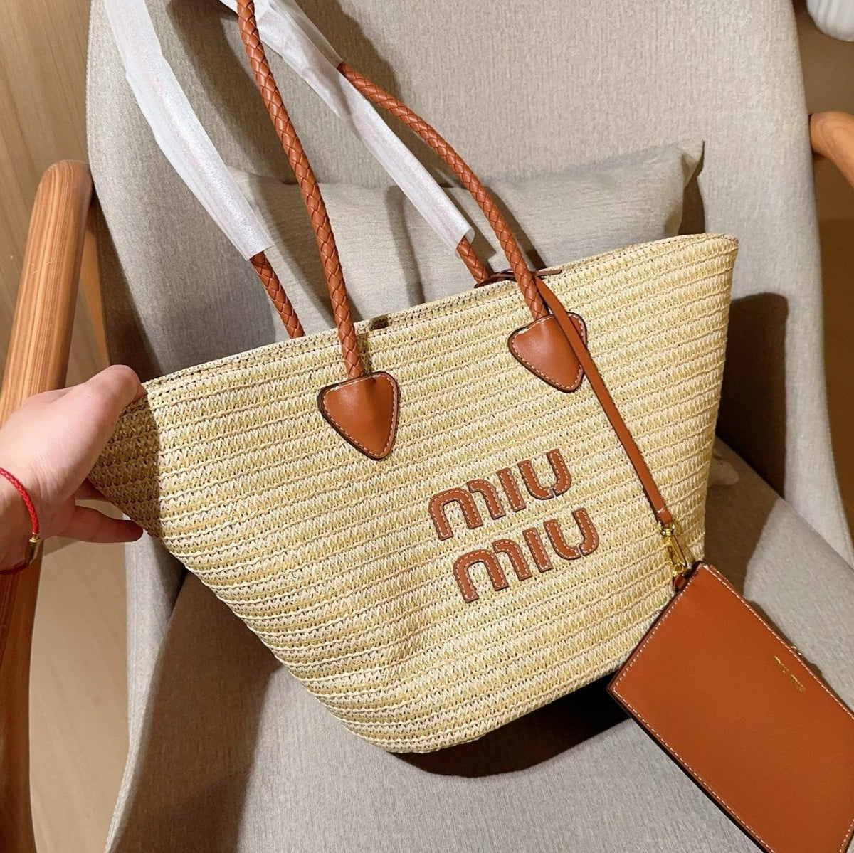 PALMETTO TOTE BAG 25 IN BEIGE WOVEN RAFFIA BROWN CALFSKIN TRIM