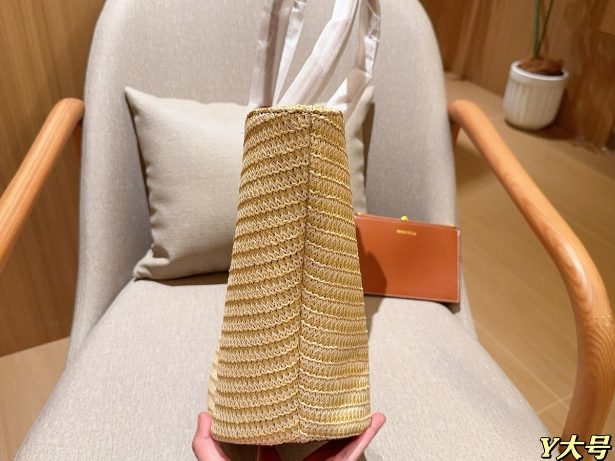 PALMETTO TOTE BAG 25 IN BEIGE WOVEN RAFFIA BROWN CALFSKIN TRIM