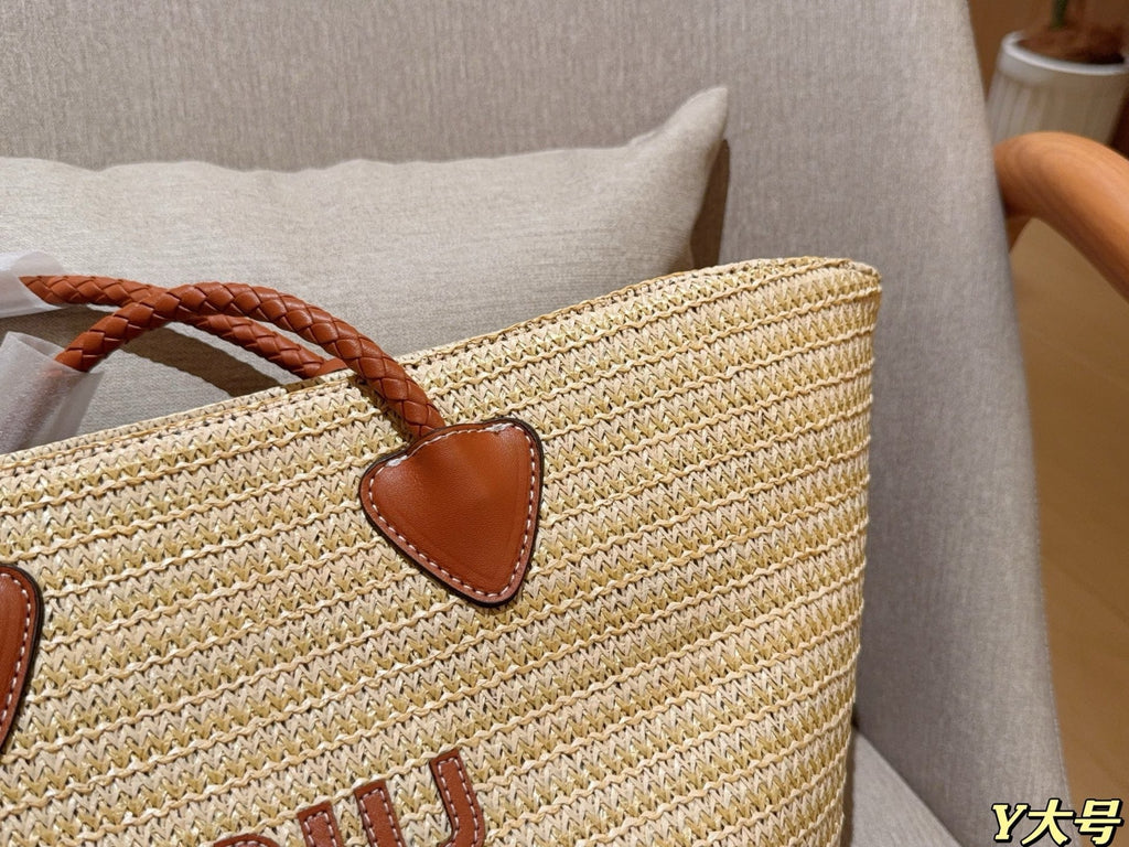 PALMETTO TOTE BAG 25 IN BEIGE WOVEN RAFFIA BROWN CALFSKIN TRIM