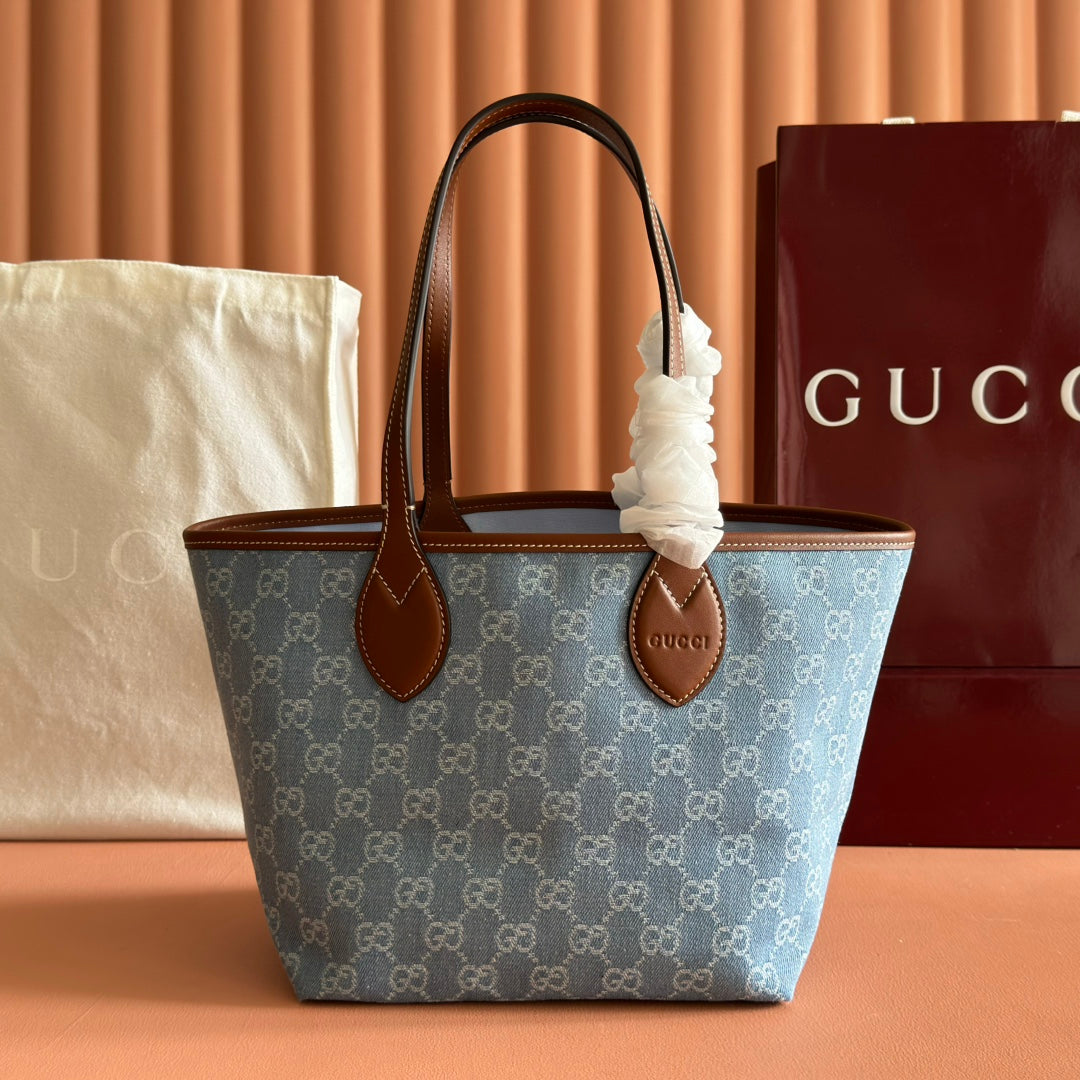 Gucci Totissima Tote Bag Light Blue Denim Canvas & Brown Leather.