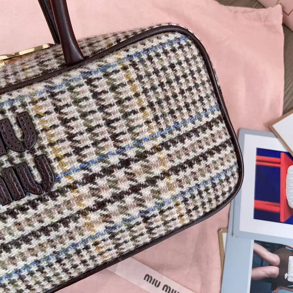 Miu 5BB147 Handbag 28cm Brown Beige Tweed