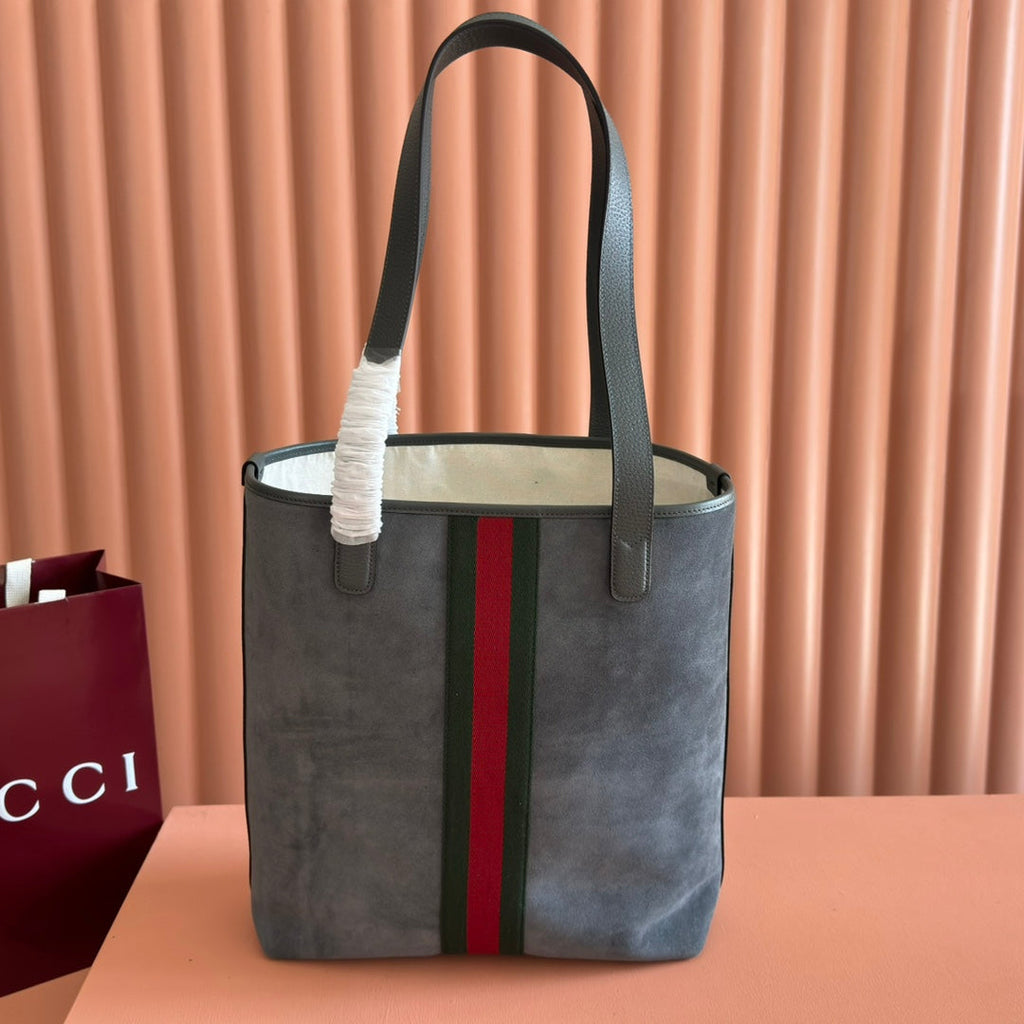 GG FW25 Ophidia Large Tote Bag 30 Slate Gray Suede Cowhide