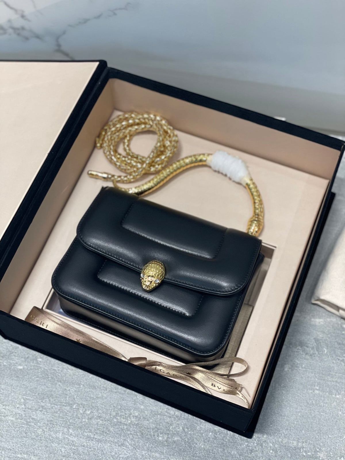 BVL Serpenti Mary Katrantzou Top Handle 19cm Black Lambskin GHW 188705