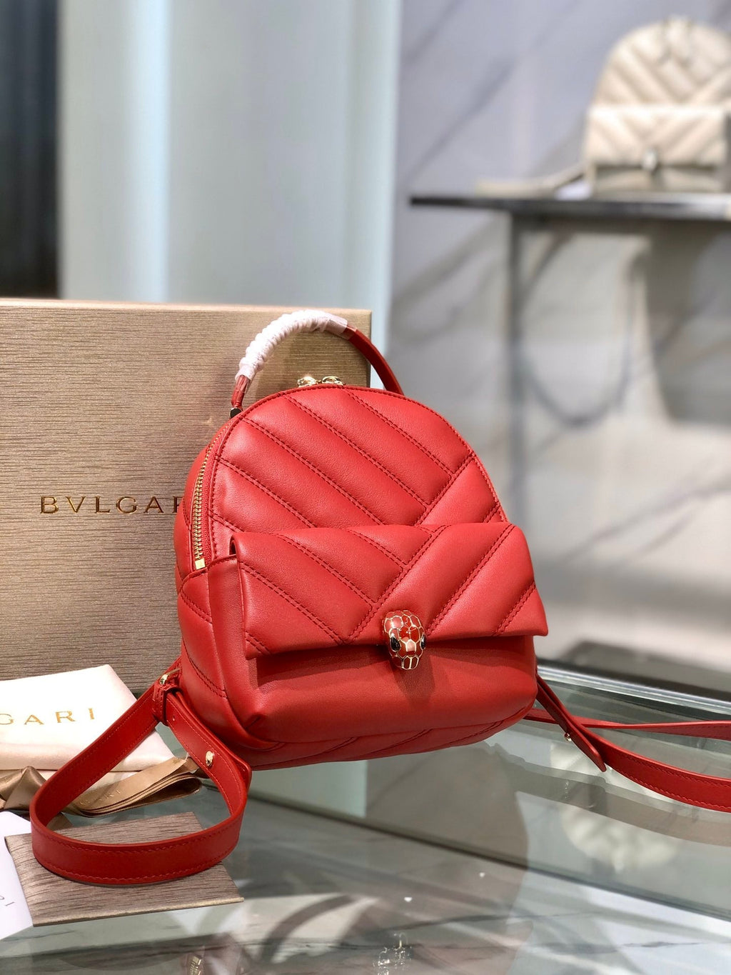 BVL Cabochon Backpack 22cm Red Cafskin GHW 188664