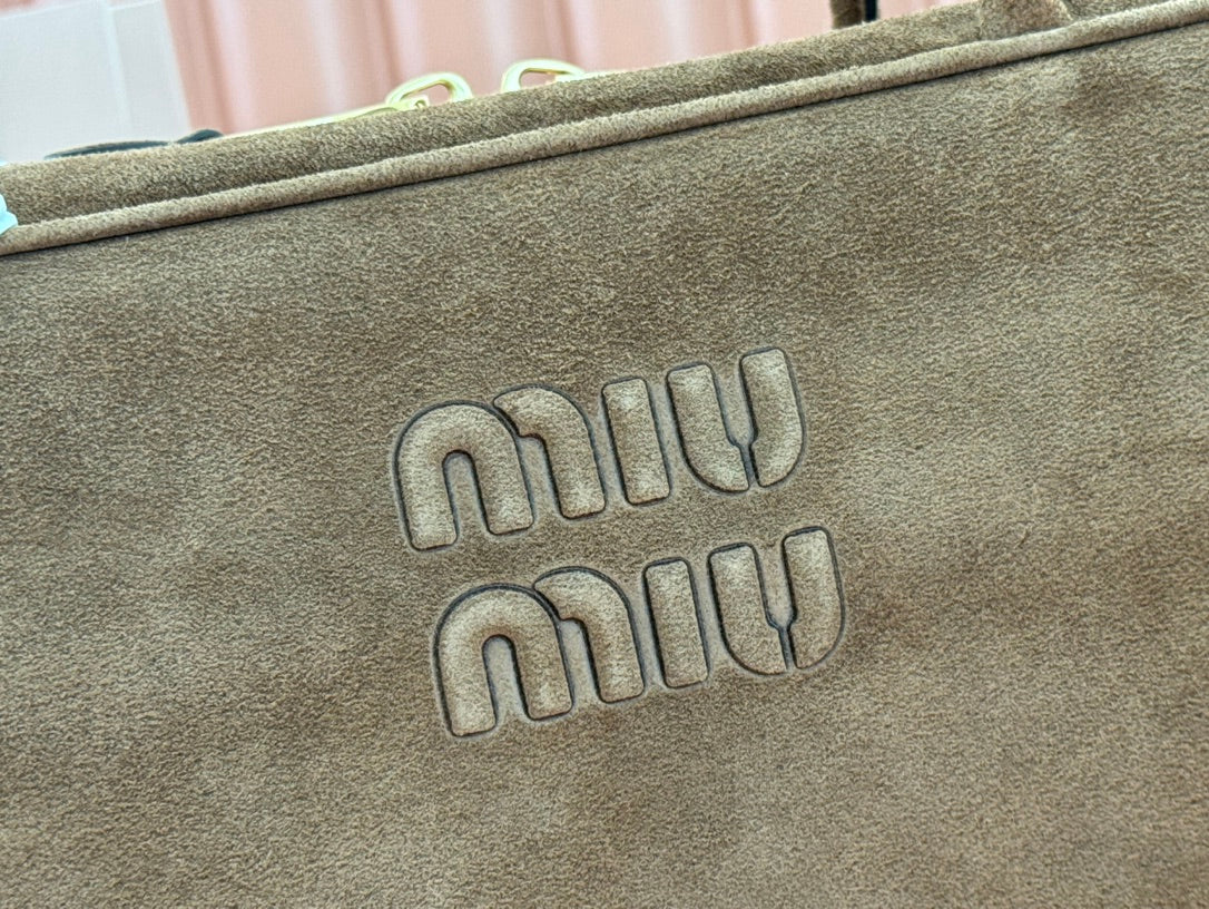 BEAU TOP HANDLE BAG 34 IN COFFEE BROWN SUEDE EMBOSSED LOGO
