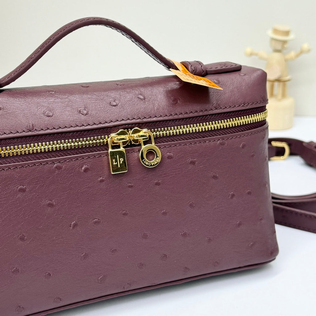 LP Extra Bag 19cm Ostrich Pattern Burgundy Calfskin Gold Hardware