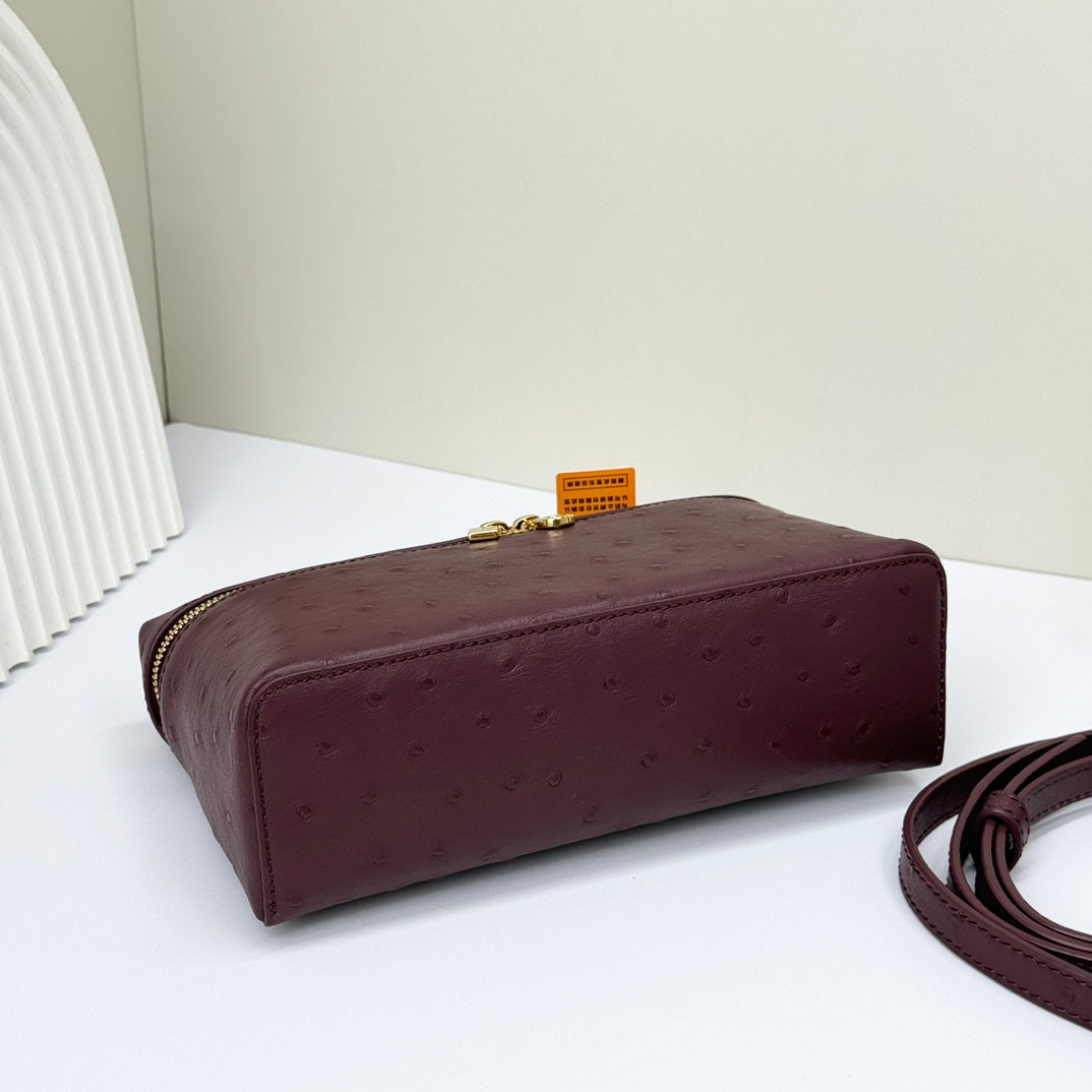 LP Extra Bag 19cm Ostrich Pattern Burgundy Calfskin Gold Hardware