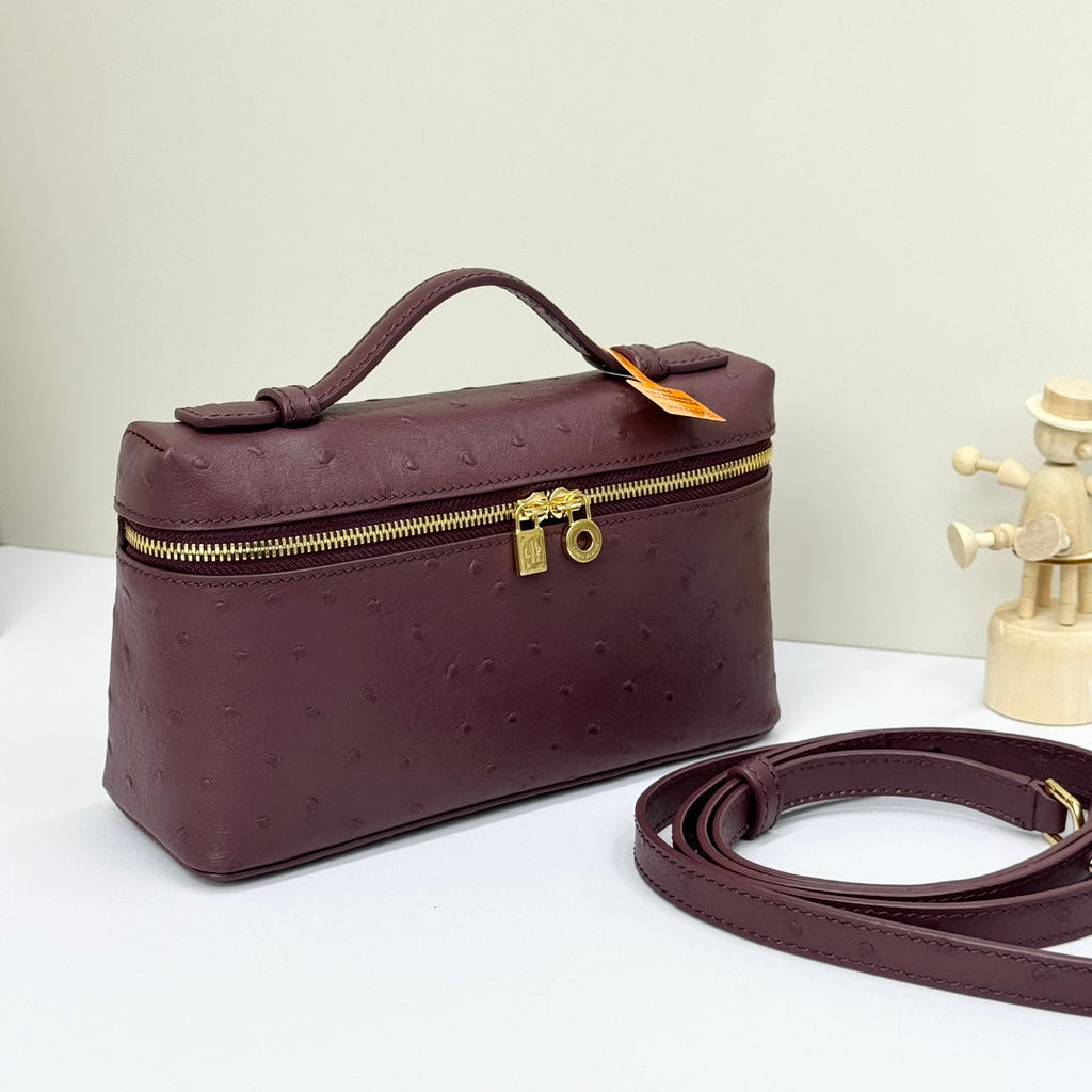 LP Extra Bag 19cm Ostrich Pattern Burgundy Calfskin Gold Hardware