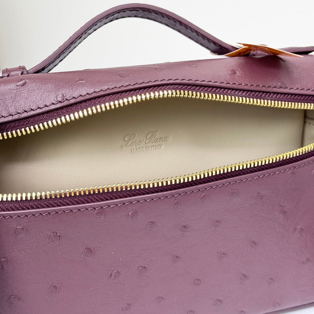 LP Extra Bag 19cm Ostrich Pattern Burgundy Calfskin Gold Hardware