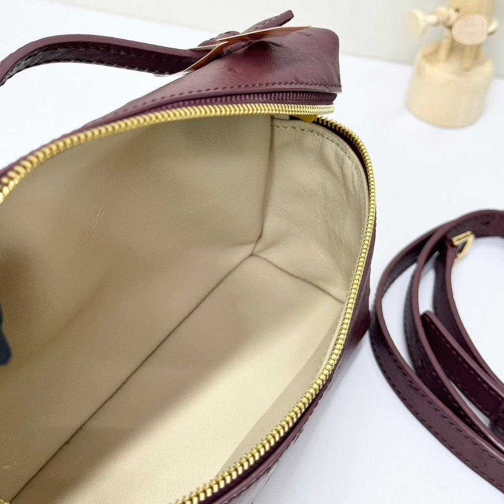 LP Extra Bag 19cm Ostrich Pattern Burgundy Calfskin Gold Hardware