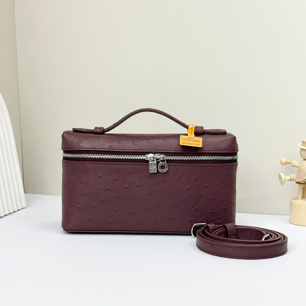 LP Extra Bag 19cm Ostrich Pattern Burgundy Calfskin Silver Hardware