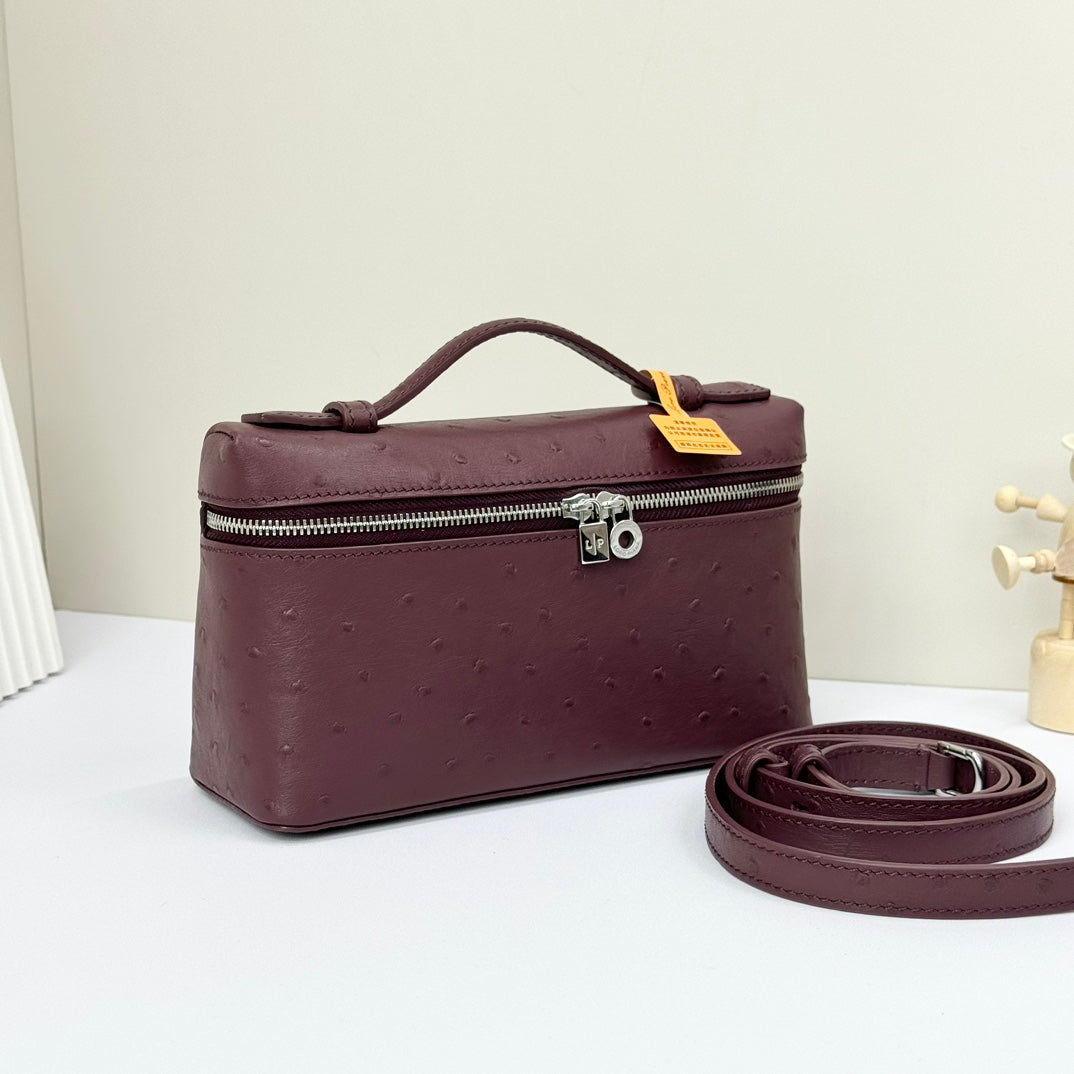 LP Extra Bag 19cm Ostrich Pattern Burgundy Calfskin Silver Hardware