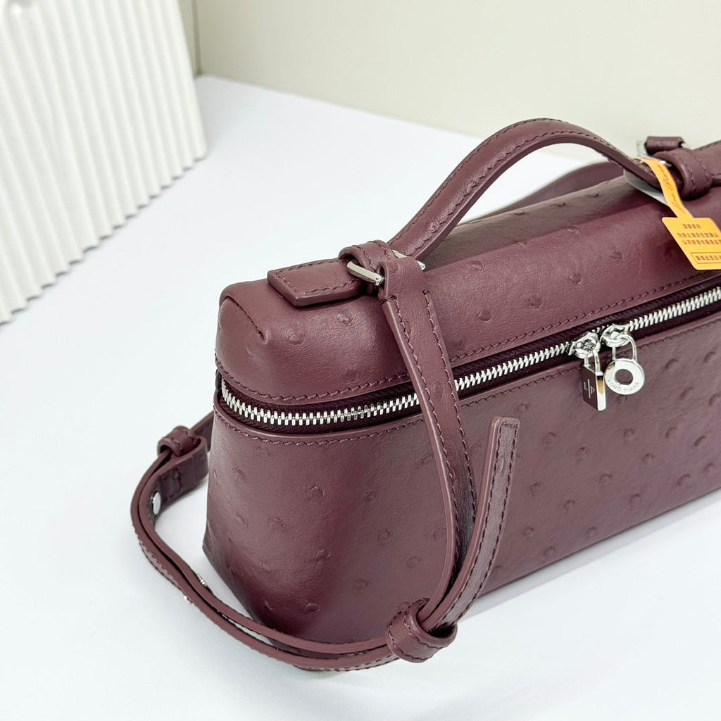 LP Extra Bag 19cm Ostrich Pattern Burgundy Calfskin Silver Hardware