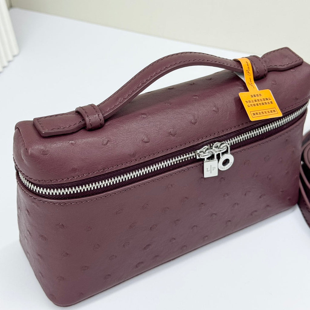 LP Extra Bag 19cm Ostrich Pattern Burgundy Calfskin Silver Hardware