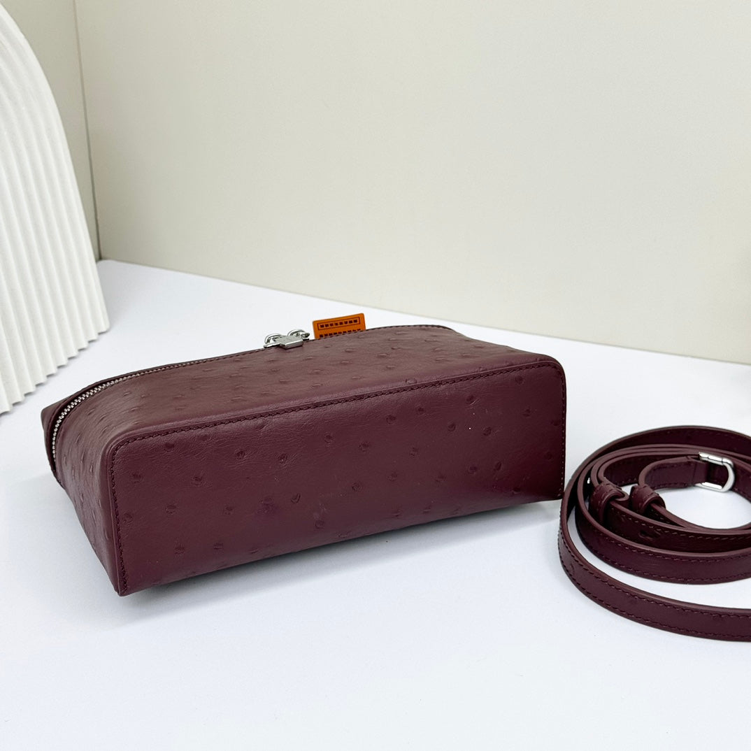 LP Extra Bag 19cm Ostrich Pattern Burgundy Calfskin Silver Hardware