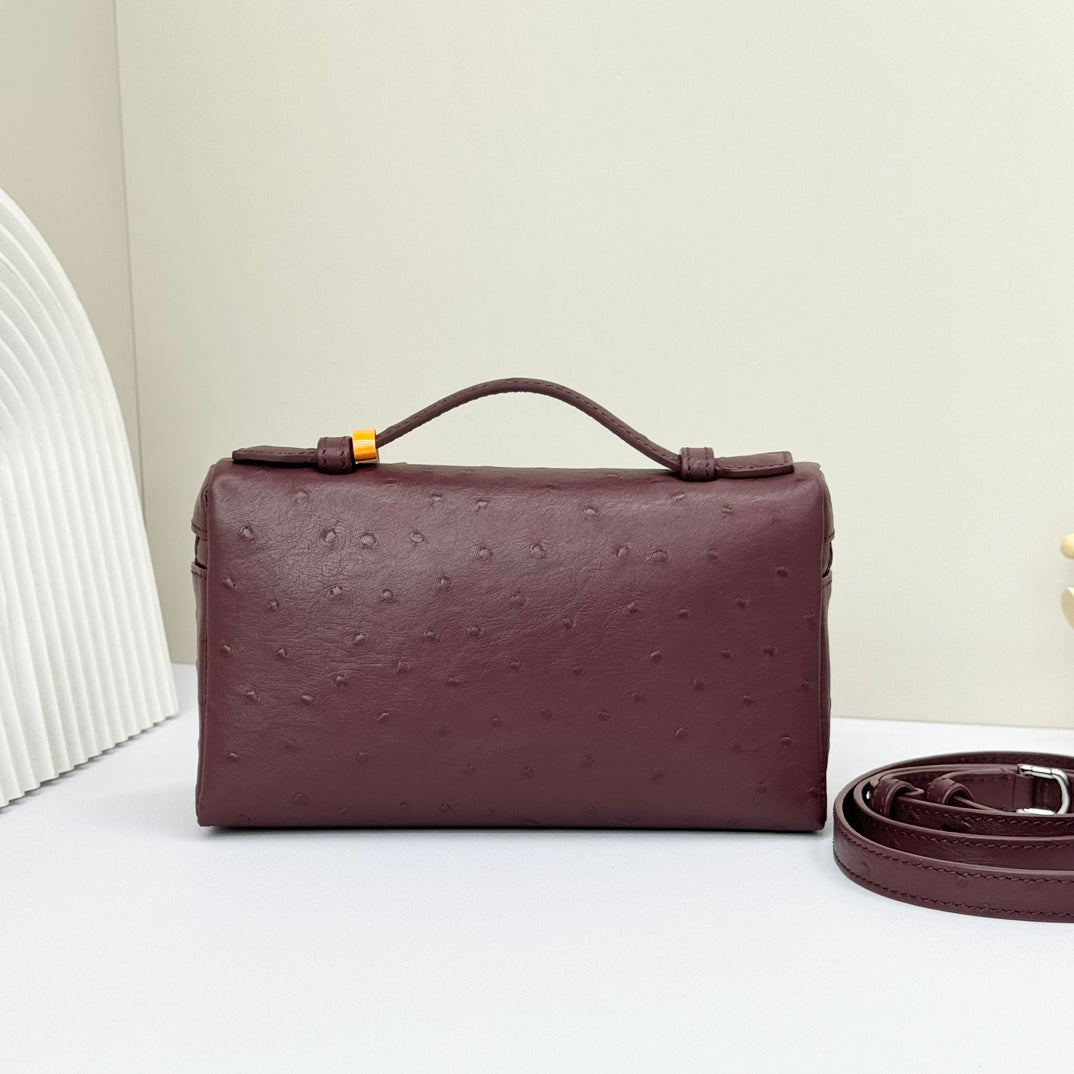 LP Extra Bag 19cm Ostrich Pattern Burgundy Calfskin Silver Hardware