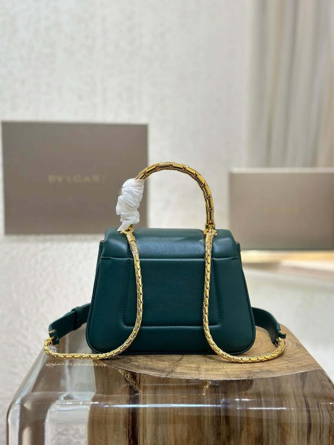 BVL Serpenti Reverse Top Handle 20cm Emerald Green Calfskin GHW 188554