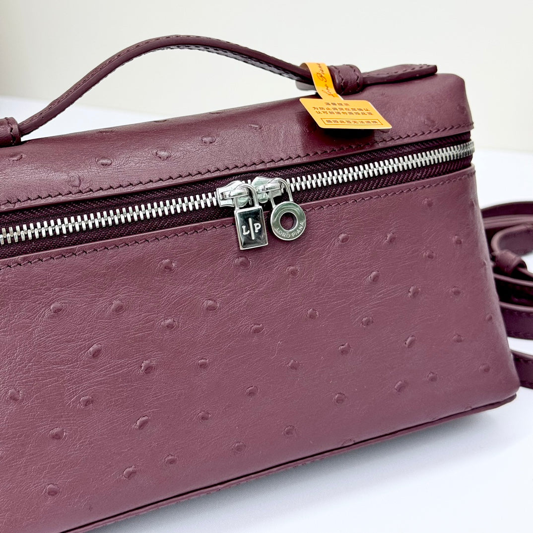 LP Extra Bag 19cm Ostrich Pattern Burgundy Calfskin Silver Hardware