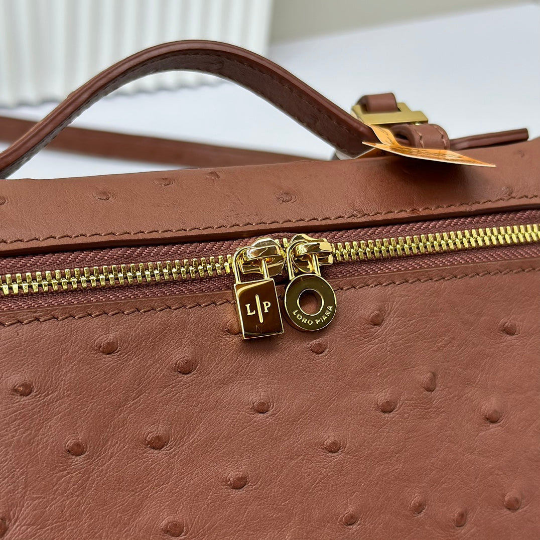 LP Extra Bag 19cm Ostrich Pattern Chestnut Brown Calfskin Gold Hardware
