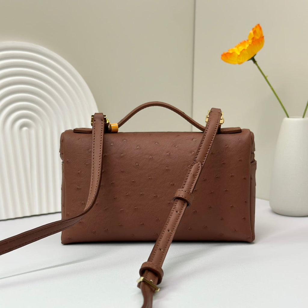 LP Extra Bag 19cm Ostrich Pattern Chestnut Brown Calfskin Gold Hardware