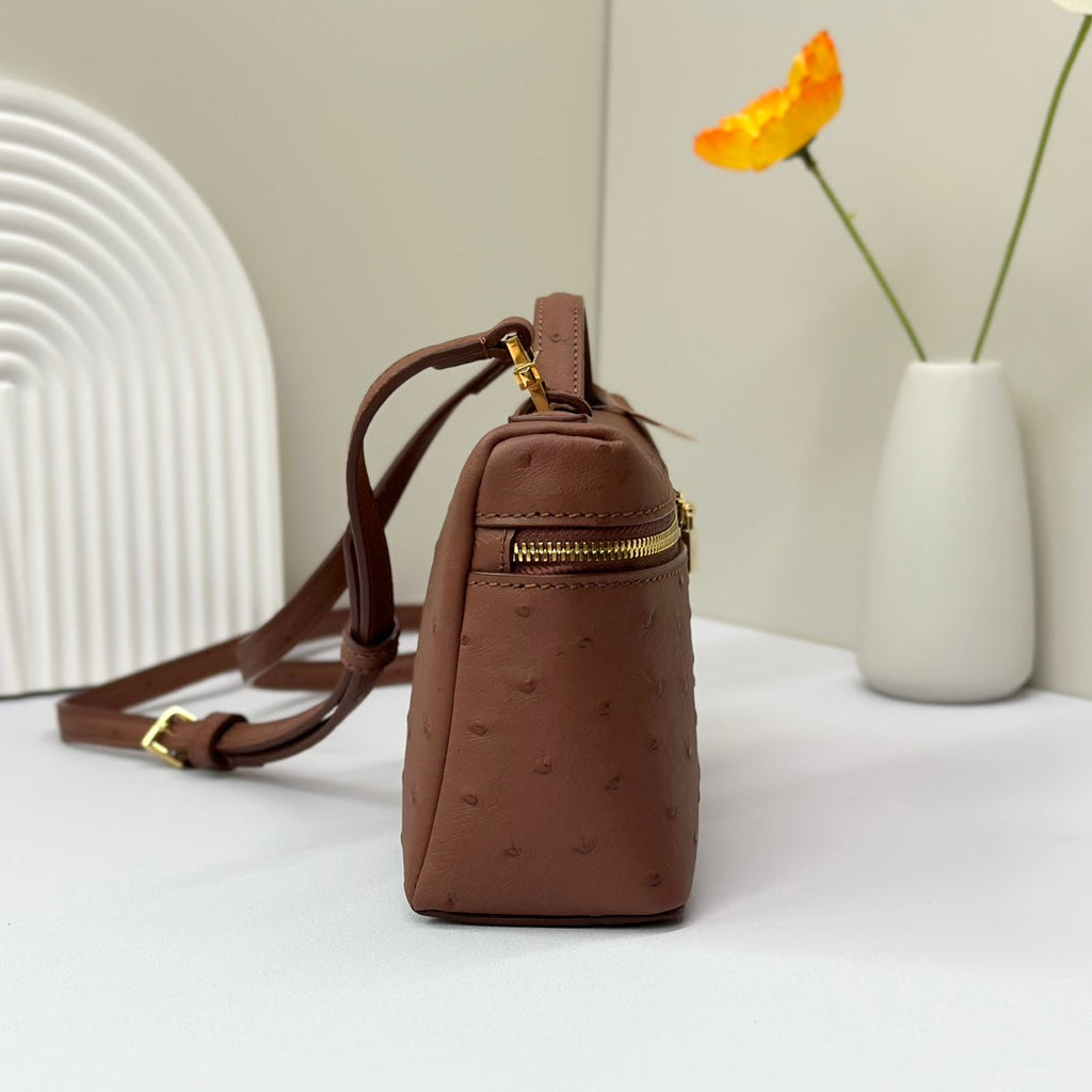 LP Extra Bag 19cm Ostrich Pattern Chestnut Brown Calfskin Gold Hardware