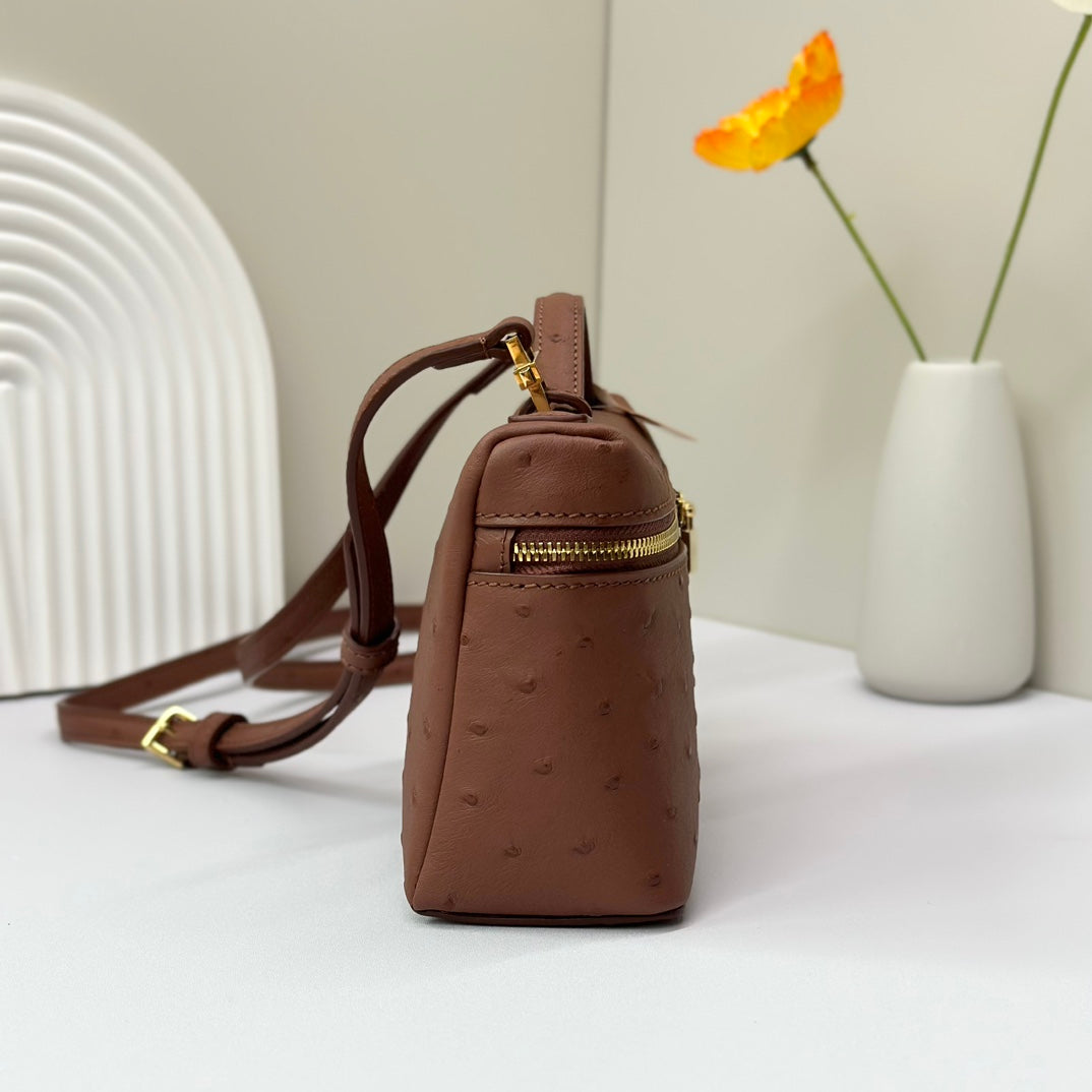 LP Extra Bag 19cm Ostrich Pattern Chestnut Brown Calfskin Gold Hardware