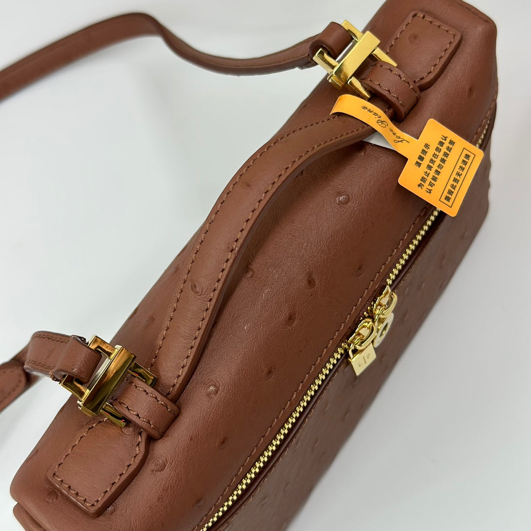 LP Extra Bag 19cm Ostrich Pattern Chestnut Brown Calfskin Gold Hardware