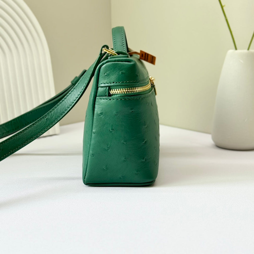 LP Extra Bag 19cm Ostrich Pattern Green Calfskin Gold Hardware