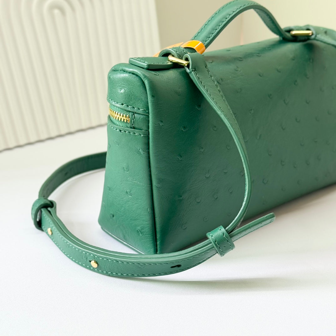 LP Extra Bag 19cm Ostrich Pattern Green Calfskin Gold Hardware