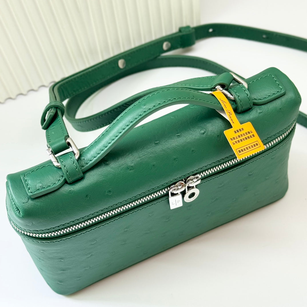 LP Extra Bag 19cm Ostrich Pattern Green Calfskin Silver Hardware